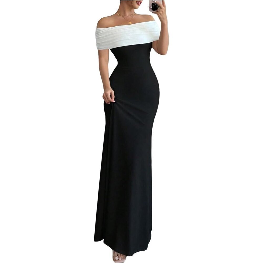 Women's Color Block Fishtail Maxi Dress Off Shoulder Bodycon for Events